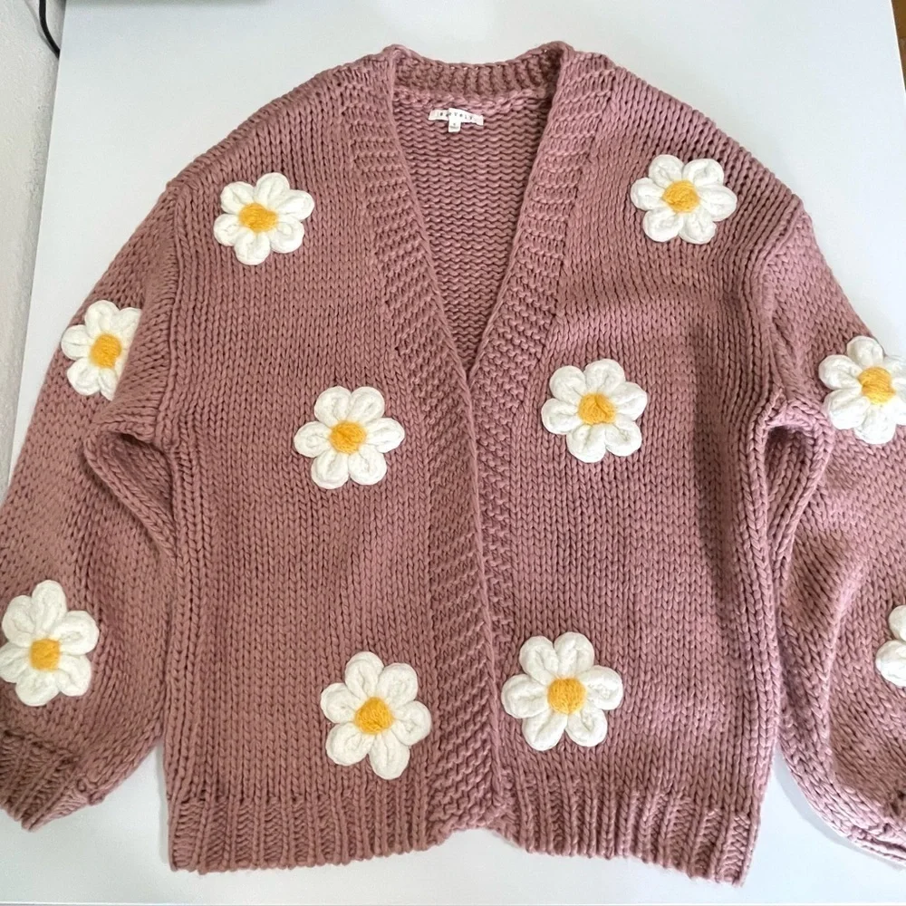 Baevely Daisy Cardigan Open Front Bubble Sleeve Floral Sweater Dusty Mauve Small
